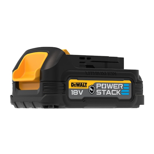 A DEWALT PowerStack 18V lithium-ion battery pack, featuring a black and yellow design with branding and model details on the side.