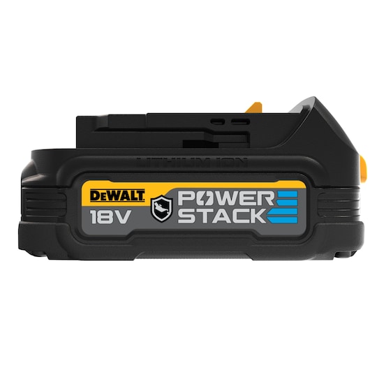 DEWALT 18V POWERSTACK lithium-ion battery pack, black with yellow and gray labeling, shown from the side.