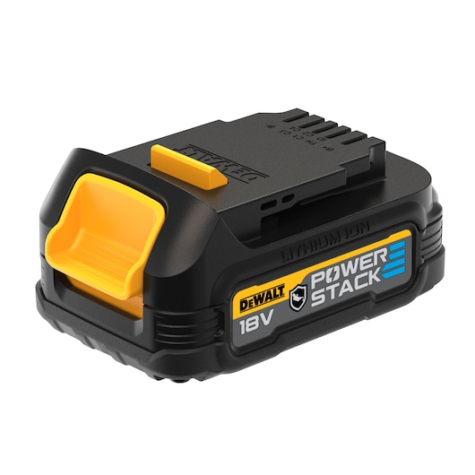 A DEWALT 18V Powerstack lithium-ion battery, black with yellow accents, designed for use with compatible DEWALT power tools.