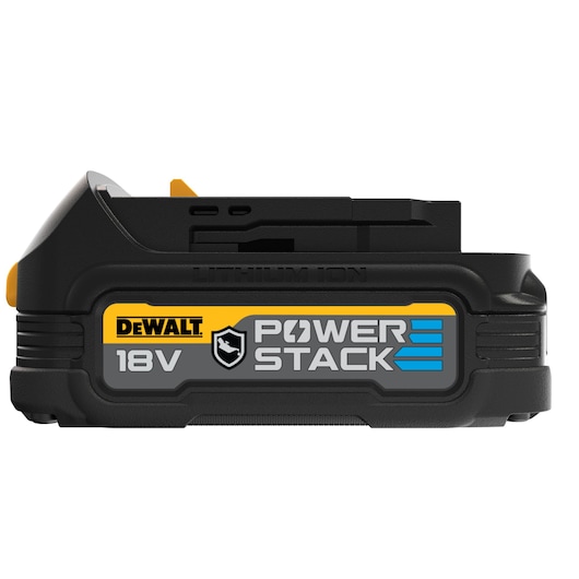 Side view of a DEWALT 18V POWERSTACK lithium-ion battery pack, black with yellow and blue accents and brand labeling.