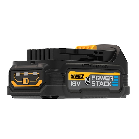 Close-up of a DEWALT 18V POWERSTACK lithium-ion battery pack, showing the brand logo, PowerStack label, and charge indicator.