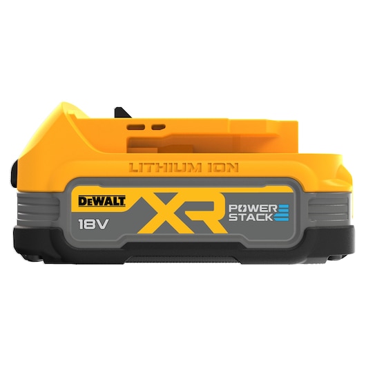 Side view of a DEWALT XR POWERSTACK 18V lithium-ion battery pack with a yellow and black casing.