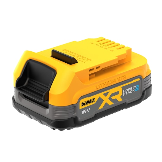 A DEWALT XR Powerstack 18V lithium-ion battery pack, featuring a yellow and black design with brand and model markings on the side.