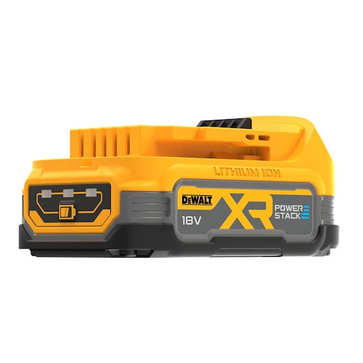 DEWALT XR Powerstack 18V lithium ion battery, yellow and black, shown from the side.