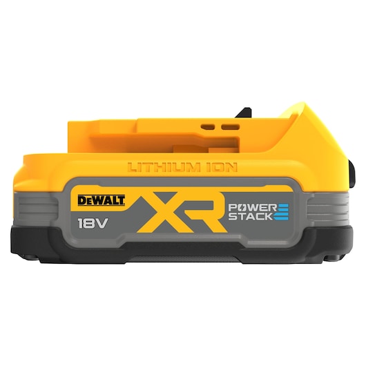 A DEWALT XR POWERSTACK 18V lithium ion battery, featuring a yellow and gray casing with branding and model information printed on the side.