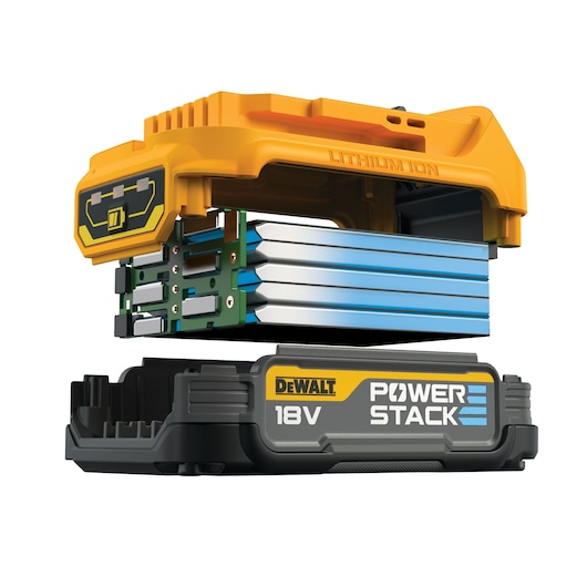 Exploded view of a DEWALT POWERSTACK 18V lithium-ion battery, showing the internal cell structure and casing components.