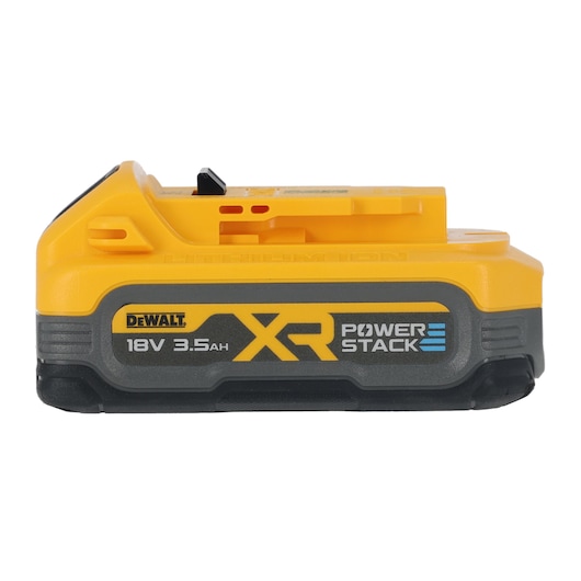 Side view of a DEWALT XR POWERSTACK 18V 3.5Ah lithium-ion battery, featuring a yellow and grey design.