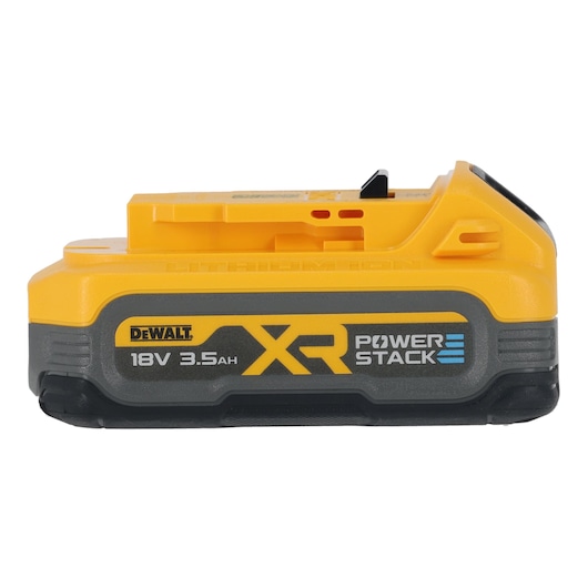 A DEWALT XR PowerStack 18V 3.5Ah lithium-ion battery, shown from the side. The battery casing is yellow and black, with product branding and specifications clearly visible.