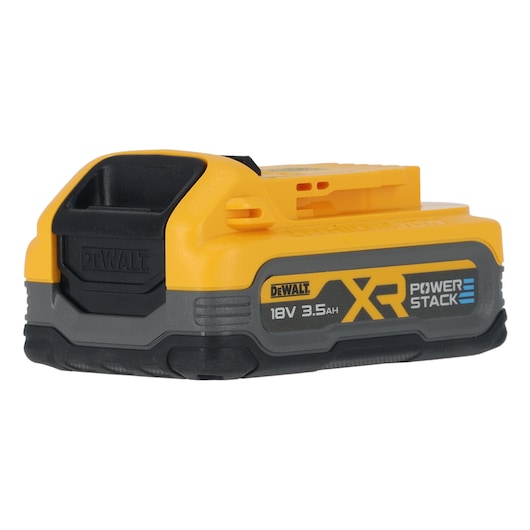A DEWALT XR Powerstack 18V 3.5Ah rechargeable battery pack, shown with a yellow and gray design and labeled with the DEWALT branding.