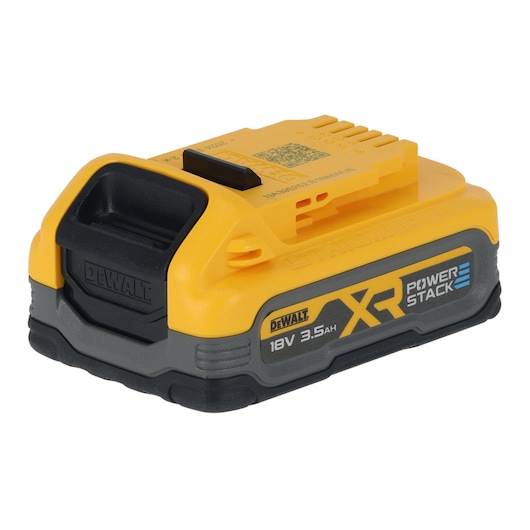DEWALT XR POWERSTACK 18V 3.5Ah rechargeable lithium-ion battery with yellow and black casing, designed for power tools.