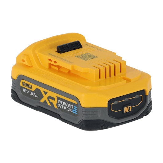 A DEWALT 18V 3.5Ah XR POWERSTACK lithium-ion battery, featuring a compact yellow and gray design with visible branding and connection terminals.