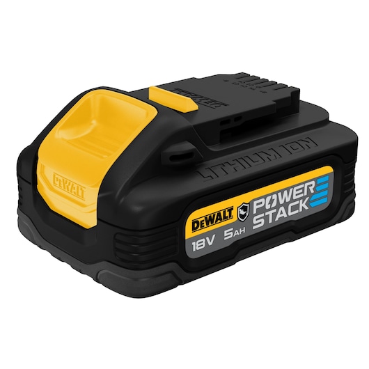 A DEWALT POWERSTACK lithium-ion battery, 18V with 5Ah capacity, shown in black and yellow casing.