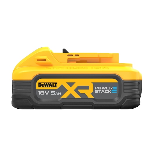 A DEWALT XR Powerstack 18V 5Ah lithium-ion battery, with yellow and black casing, designed for power tools.