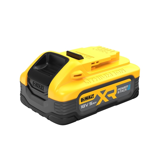 DEWALT XR POWERSTACK 18V 5Ah lithium-ion battery pack, yellow and black, designed for power tools.