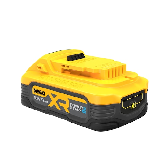 A DEWALT XR Powerstack 18V 5Ah lithium-ion battery pack, yellow and black in color, designed for power tools.