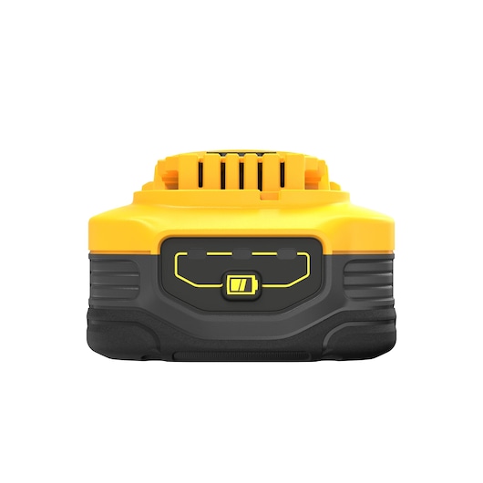 Front view of a DEWALT DCBP518 power tool battery, featuring a yellow and black casing and a battery indicator on the front.