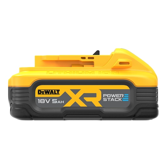 A DEWALT XR POWERSTACK 18V 5Ah lithium-ion battery, shown from the front with a yellow and black design and labeled for high capacity use in power tools.