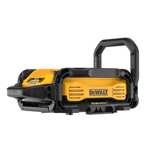 A DEWALT portable power station with a yellow and black rugged design, featuring a carry handle and control panel on the side.