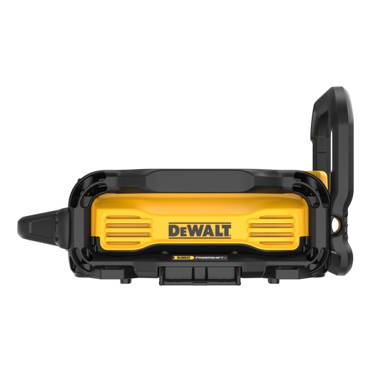 Front view of a DEWALT yellow and black electronic device with a handle on the right side, featuring ventilation grills and the DEWALT logo prominently displayed in the center.