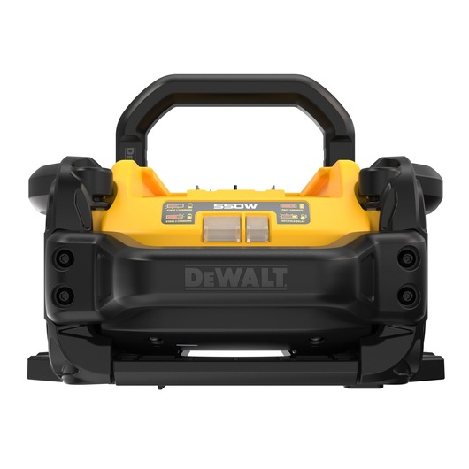 Front view of a DEWALT portable battery charger with a black and yellow design, featuring a handle and labeled with 550W on the top.