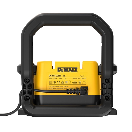 DEWALT DCBPSC0550 battery charger, shown from the back. The product is yellow and black, with visible specifications and a power cord.