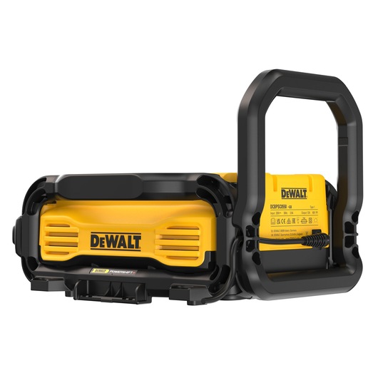 DEWALT portable power station DCBPSC0550 with a yellow and black design, featuring a sturdy handle and visible branding. The device is shown on a white background.