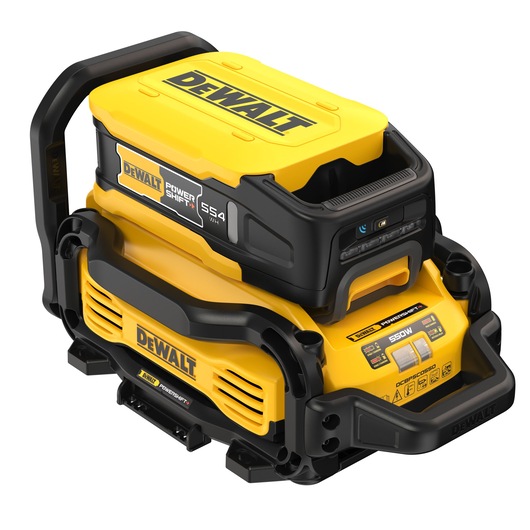 A DEWALT Power Shift 554 Wh lithium-ion battery pack, model DCBPSC0550, designed for photography and power tools. The product is yellow and black, features a digital display, and has integrated handles and labels indicating power output and safety instructions.