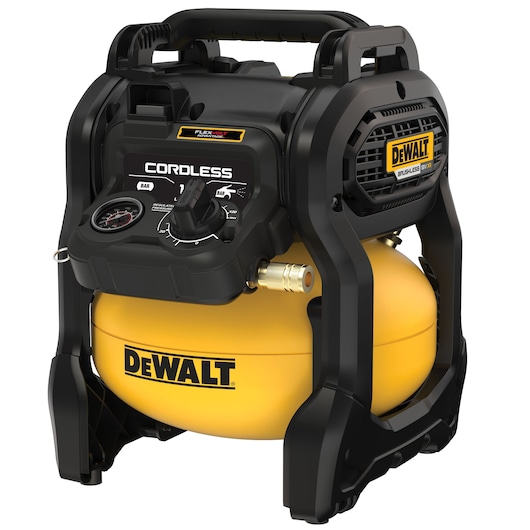 A cordless DEWALT air compressor with a yellow tank and black casing, featuring a control panel and handle for portability.