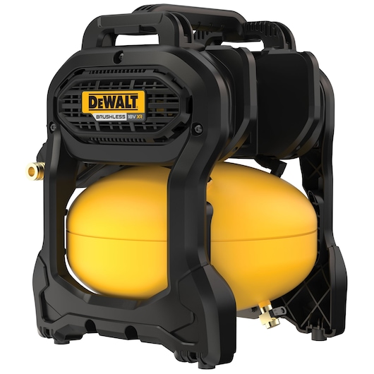 A DEWALT portable air compressor with a yellow tank and black protective frame. The label on the front reads 'DEWALT Brushless 18V XR.'