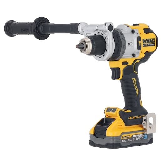 A DEWALT cordless power drill with a side handle and a yellow and black design, featuring a POWERSTACK 18V 5Ah battery at the base.