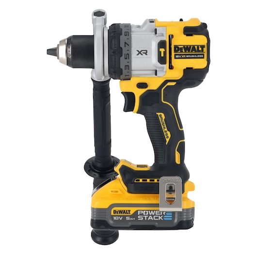 A DEWALT 18V XR brushless cordless drill with POWERSTACK battery, featuring a side handle for added stability. The drill is yellow and black, and the DEWALT branding is clearly visible on the tool and battery pack.