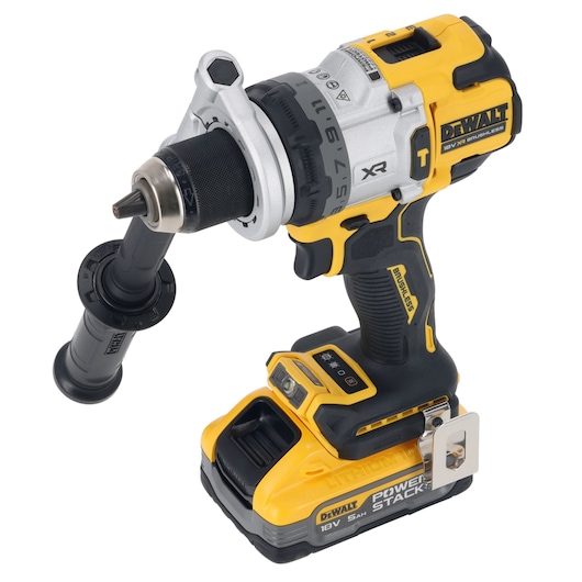 DEWALT cordless power drill with 18V XR brushless motor, side handle, and POWERSTACK lithium-ion battery.