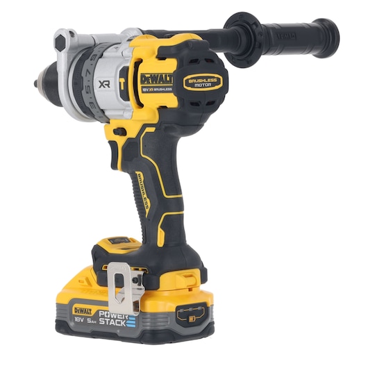 A DEWALT cordless brushless power drill with an attached side handle and a PowerStack 18V 5Ah battery.