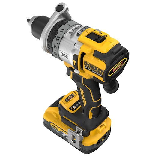 A DEWALT cordless power drill with a yellow and black design, featuring a brushless motor and labeled XR. The tool has an ergonomic handle, adjustable torque settings, and battery attachment at the base.