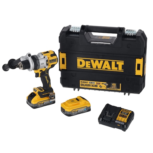 A DEWALT cordless power drill set, including a yellow and black drill with a detachable handle, two rechargeable batteries, a battery charger, and a sturdy carrying case labeled with DEWALT branding.