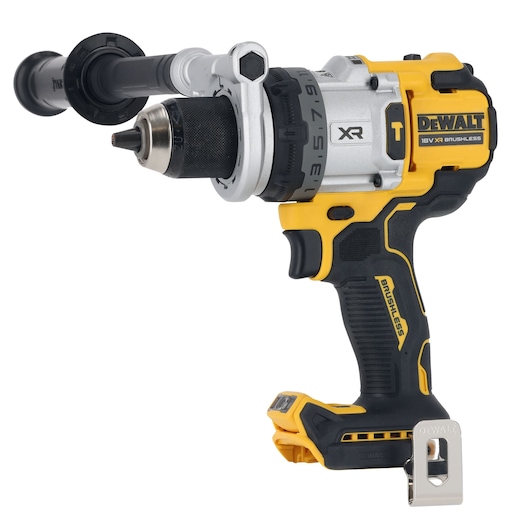 A DEWALT 18V XR brushless cordless drill with side handle attachment, shown in yellow and black colors. The drill is photographed against a white background.