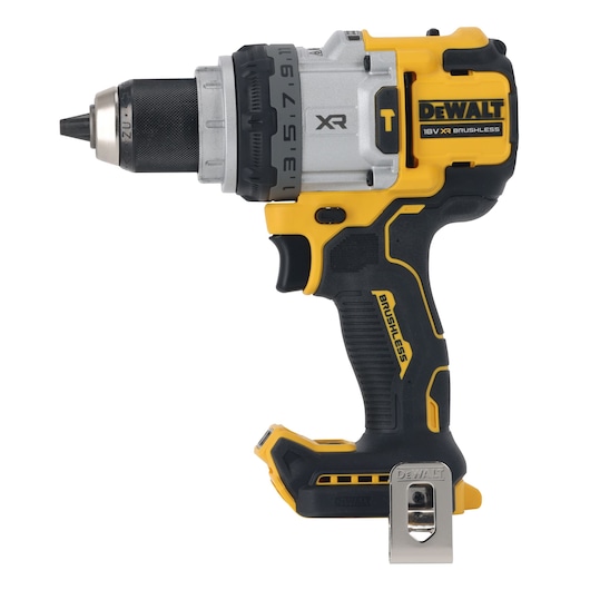 A DEWALT 18V XR Brushless cordless drill driver, featuring a black and yellow ergonomic design, variable speed and torque settings, and a metal belt clip.