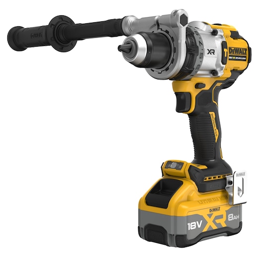 A DEWALT 18V XR cordless brushless drill with a side handle and 8Ah battery, showing a yellow and black design.