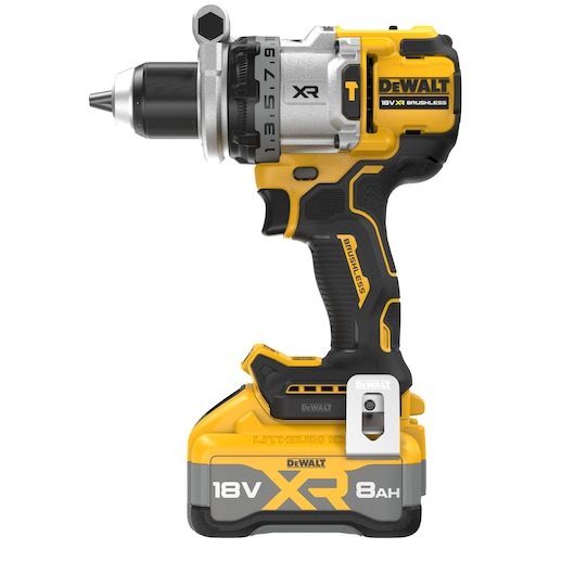 A DEWALT cordless power drill with an 18V XR 8Ah lithium-ion battery, featuring a brushless motor, yellow and black design, and ergonomic grip.
