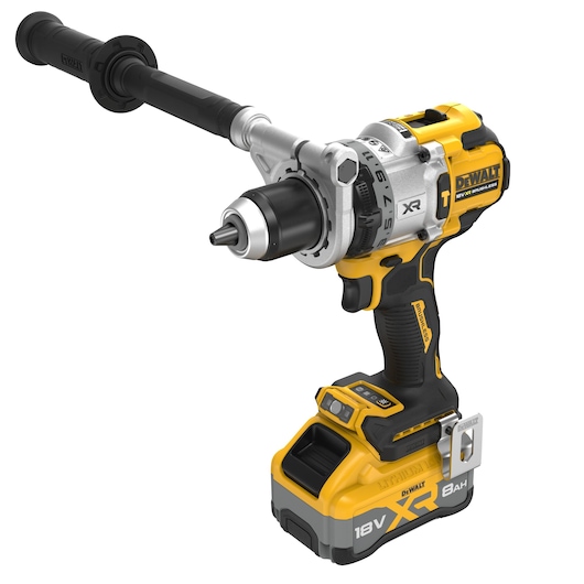 A DEWALT cordless power drill with an 18V XR battery, auxiliary side handle, and a robust yellow and black design.