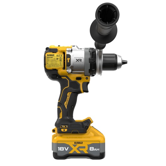 A DEWALT 18V XR cordless drill with an 8Ah lithium-ion battery and a side handle, shown in a yellow and black color scheme.