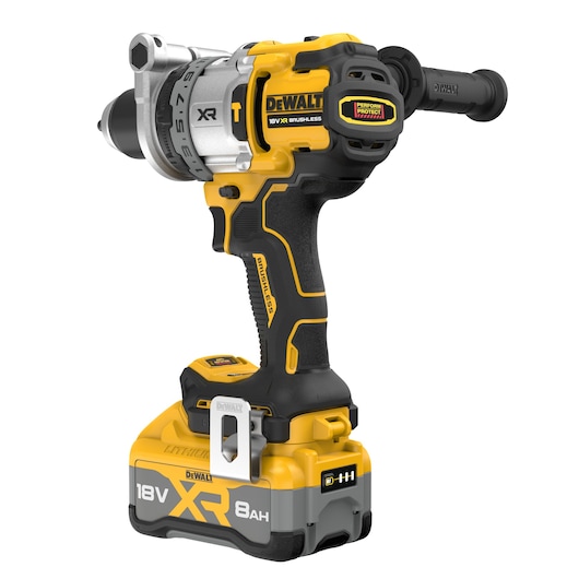 A DEWALT 18V XR Brushless cordless drill with an 8Ah lithium-ion battery, ergonomic black and yellow handle, and side assist handle.