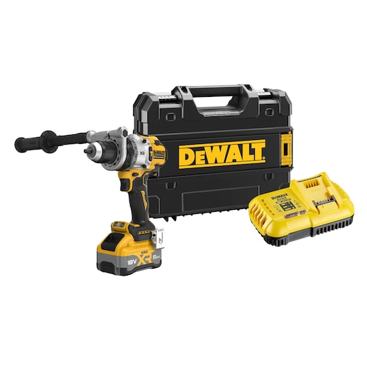 DEWALT cordless 18V power drill with side handle, battery pack, charger, and storage case.