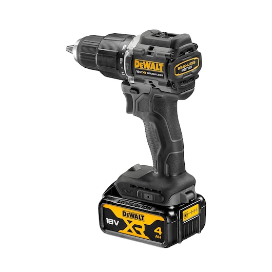 A DEWALT 18V XR brushless cordless drill with a 4Ah lithium-ion battery, shown upright on a white background.