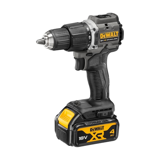 A DEWALT cordless drill, model DCD100M2T, featuring an 18V XR lithium-ion battery with 4Ah capacity. The drill is black and yellow, with a brushless motor and ergonomic grip.