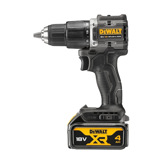 A DEWALT 18V XR brushless cordless drill with a black and yellow design, featuring a 4 Ah lithium-ion battery attached at the base.