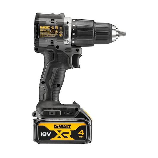 A DEWALT 18V XR cordless power drill with a 4Ah battery, featuring a black and yellow design and a brushless motor.