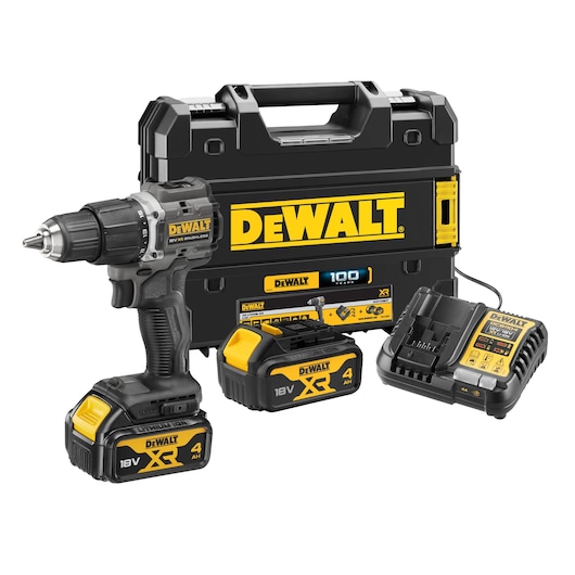 DEWALT cordless drill kit including an 18V brushless drill, two 18V XR 4.0Ah batteries, a battery charger, and a black and yellow carrying case with DEWALT branding.