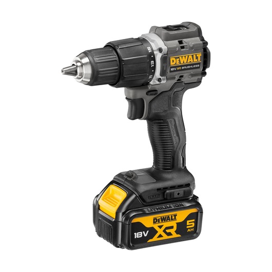 A DEWALT 18V XR cordless brushless drill with a 5Ah lithium-ion battery, shown at an angle on a white background.