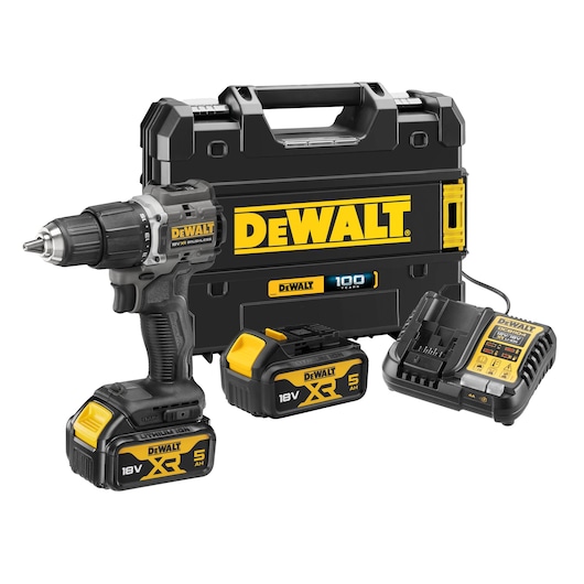 DEWALT cordless drill kit including a black and yellow drill, two 18V XR rechargeable batteries, a battery charger, and a carrying case branded with DEWALT logo.